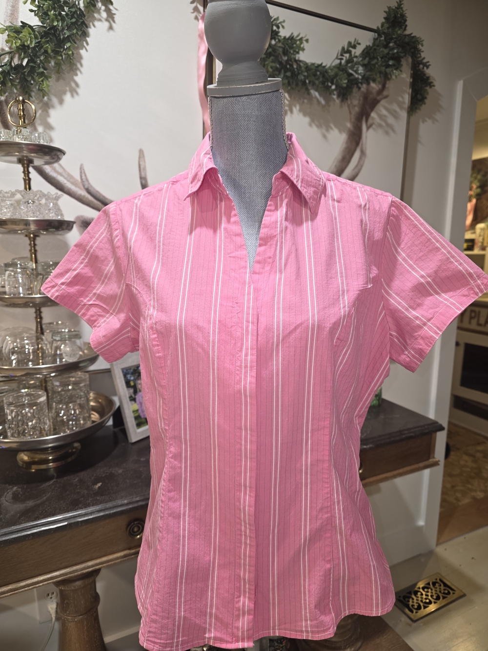 WMS Instant Slim Riders by Lee Pink Vertical-Striped Short Sleeve Button-Down